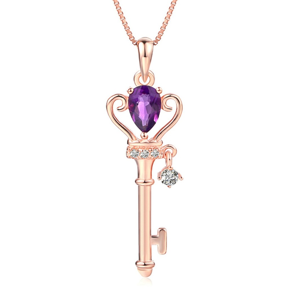 925 Sterling Silver Amethyst Heart Key Necklace